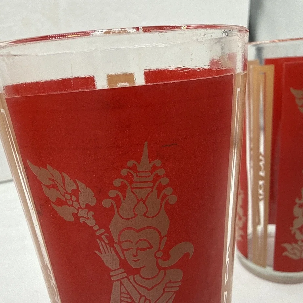 Vntg 1960's Culvers Red & Gold Siam Thai Goddess 4 High Ball Glasses‎ 6.25